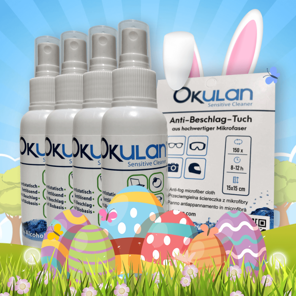 OKulan Osteraktion Sensitive Cleaner Brillenreiniger Spray 4 x 100 ml + OKulan Sensitive Cleaner Anti-Beschlag-Tuch